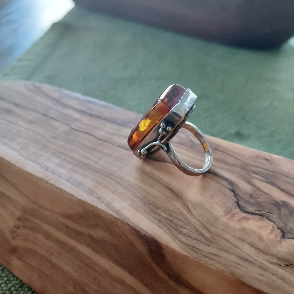 Amber Rectangular Ring With Silver Band - image 3